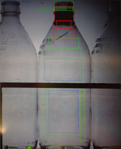 Seitenwandkontrolle mit Glasriss im Flaschenhals - Flaschenkontrollgerät